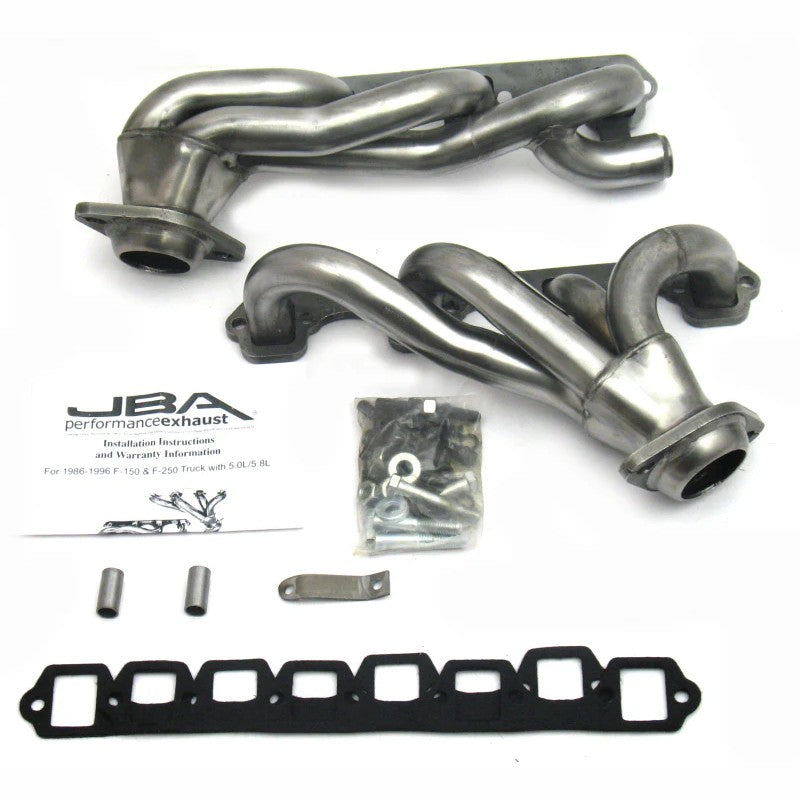 Raw finish 409 stainless steel JBA Cat4Ward shorty headers with 1-5/8 inch primaries and thick 3/8 inch flanges.