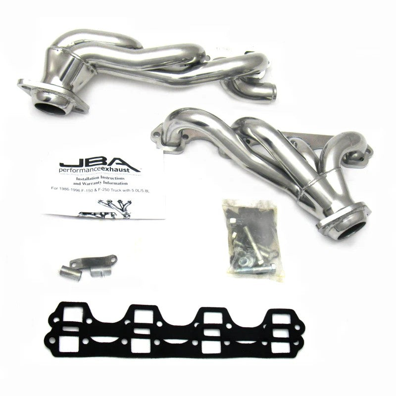 JBA Cat4Ward silver ceramic coated shorty headers with 1-5/8 inch primaries and 3/8 inch flanges for Ford 5.8L engines.