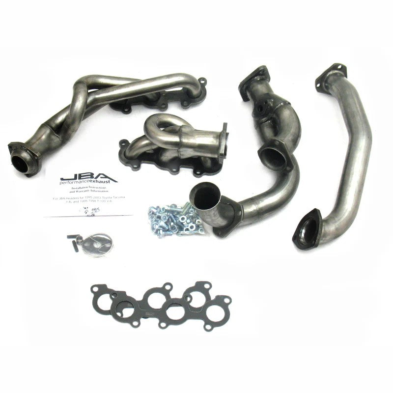 Raw 409 stainless steel JBA Cat4Ward shorty header with 1-1/2 inch primaries for 3.4L Toyota Tacoma.