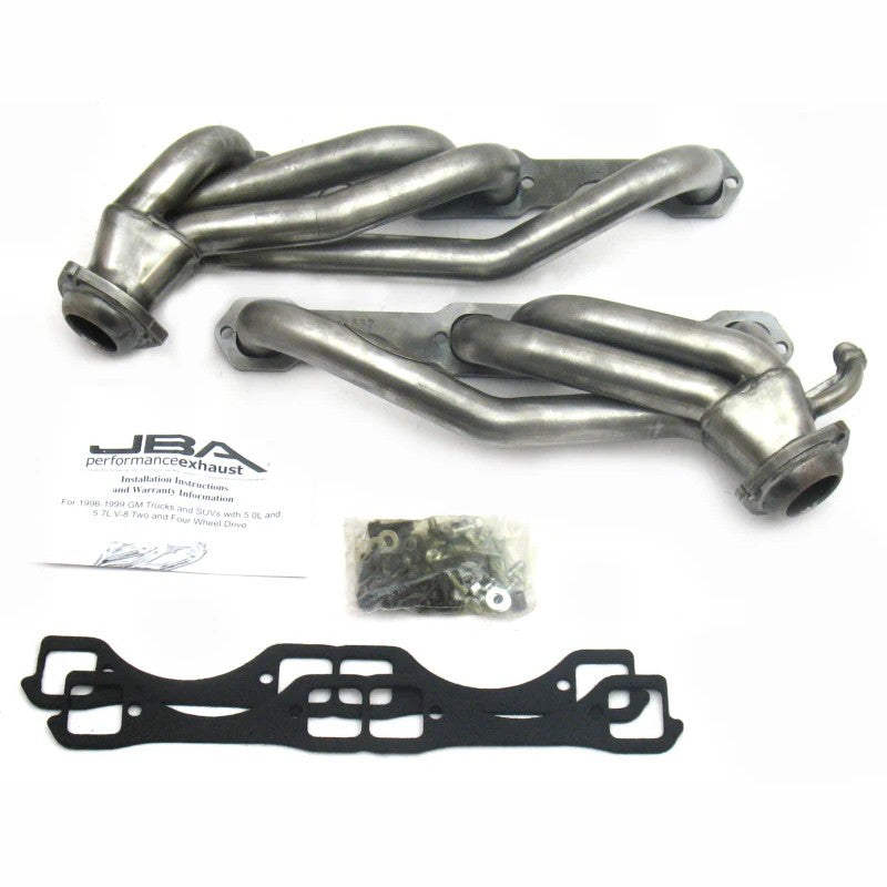 JBA Cat4Ward 1-1/2 inch raw 409 stainless steel shorty headers for 1996-2000 GM trucks and SUVs.