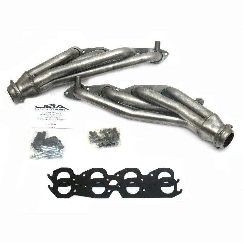 JBA Cat4Ward raw 409 stainless steel shorty headers with 1-3/4 inch primaries for 1996-2000 GM 7.4L engines.