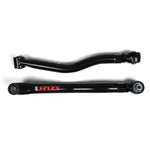 Pair of black JKS J-Flex adjustable front lower control arms featuring rubber bushings and forged flex ends.