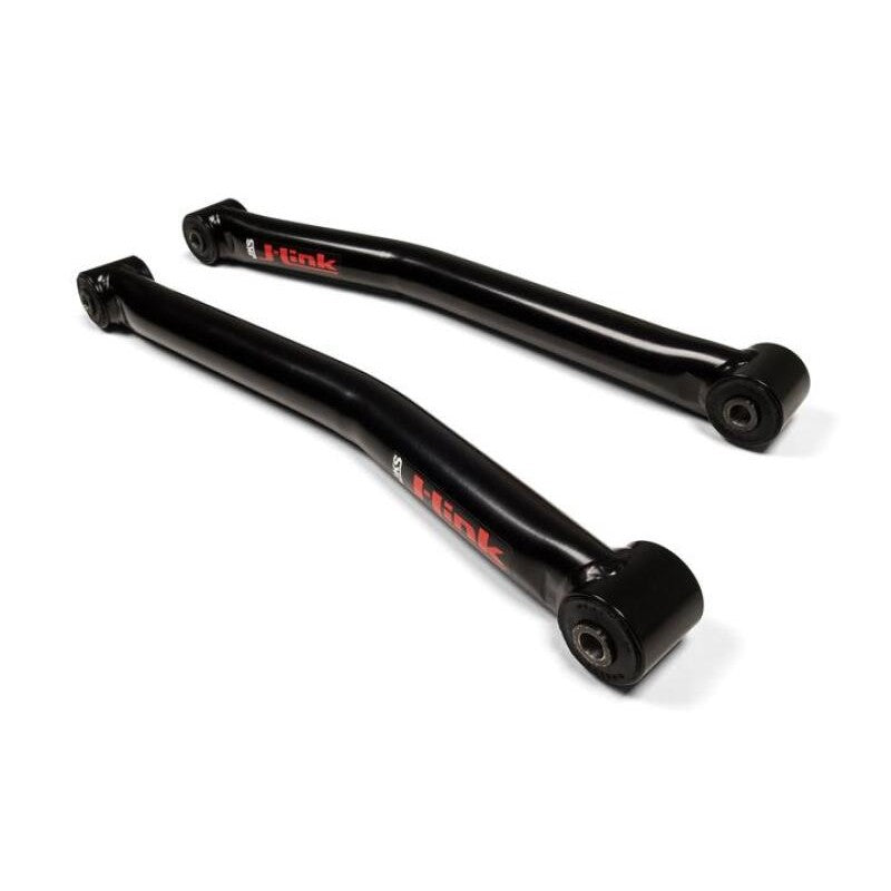 JKS J-Link fixed front lower control arms in gloss black powder coat with pre-installed Clevite rubber bushings.