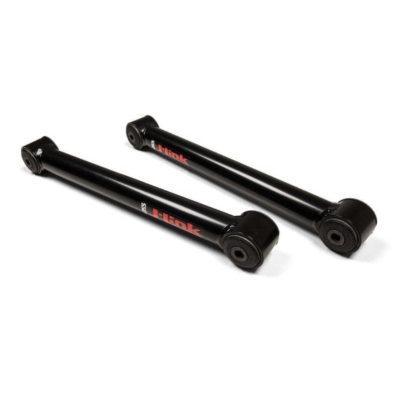 JKS Manufacturing J-Link rear lower fixed control arms with gloss black powder coat and pre-installed rubber bushings.