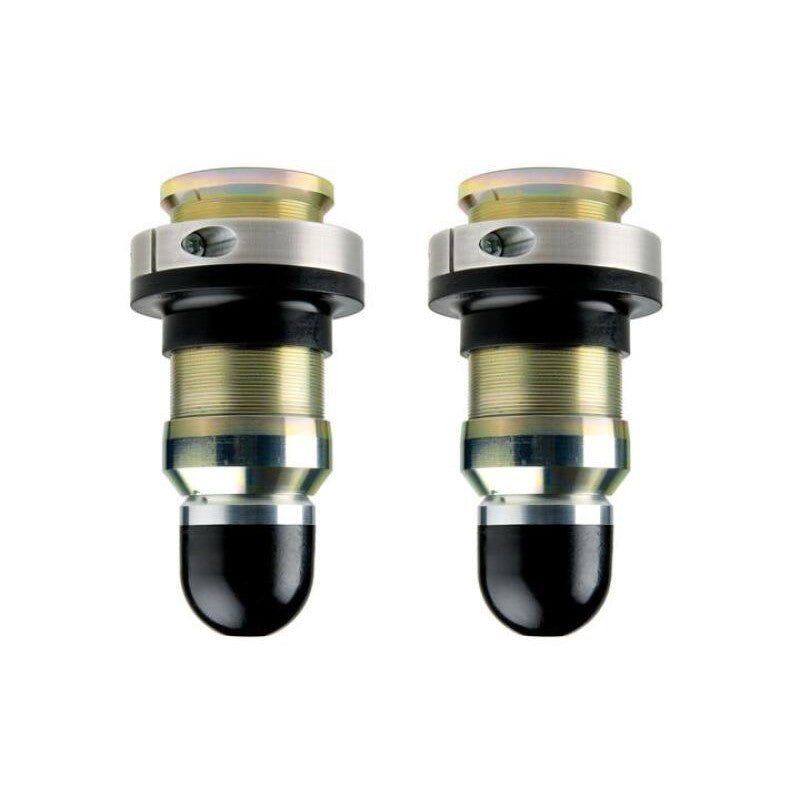 JKS Manufacturing ACOS billet aluminum front adjustable coil spring spacers with threaded collars and yellow bump stops.