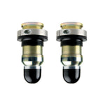 JKS Manufacturing ACOS billet aluminum front adjustable coil spring spacers with threaded collars and yellow bump stops.