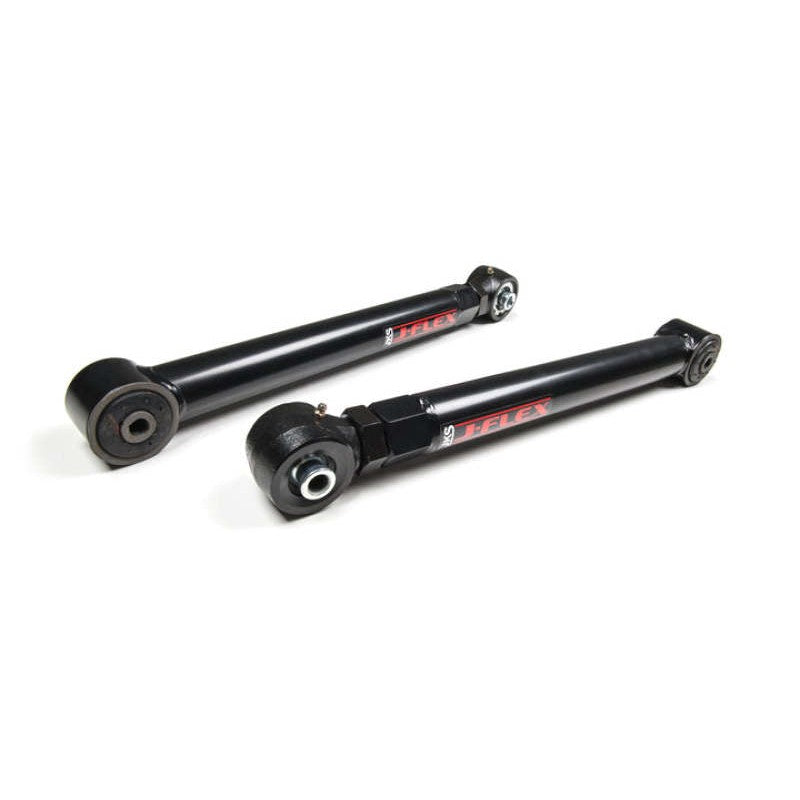 Pair of black powder-coated JKS J-Flex adjustable rear lower control arms with forged flex ends for Jeep Wrangler JK