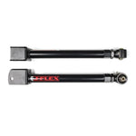 Black powder-coated JKS Manufacturing J-Flex adjustable front upper control arms with forged flex ends for Jeep Wrangler JK.