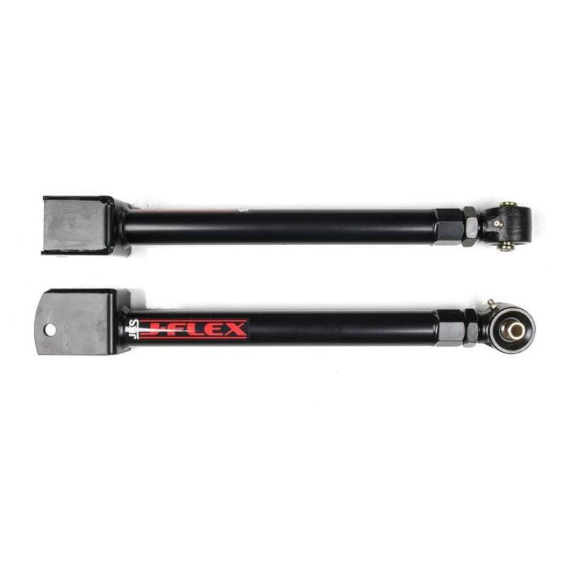 Black powder-coated JKS Manufacturing J-Flex adjustable front upper control arms with forged flex ends for Jeep Wrangler JK.