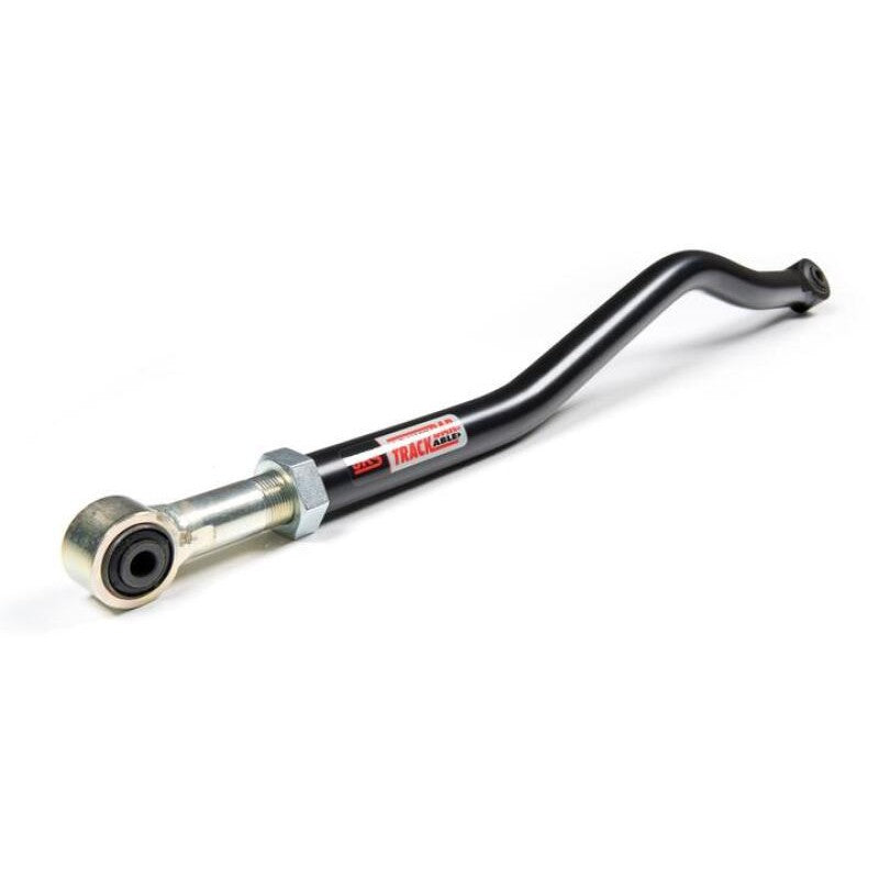 JKS Manufacturing black powder coated front adjustable track bar with rubber bushings for RHD Jeep Wrangler JK.