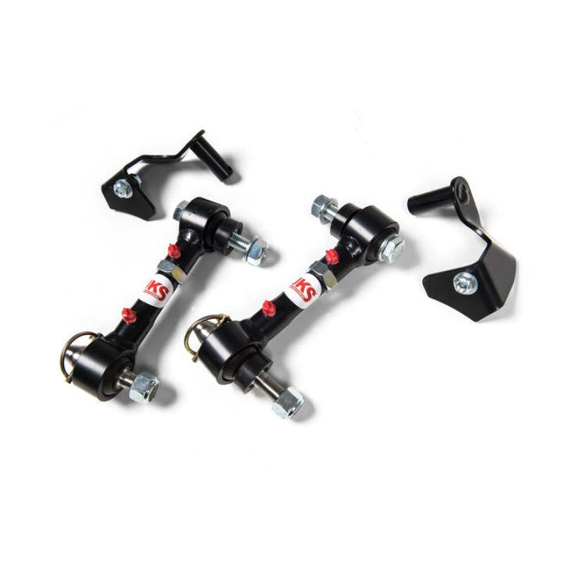 JKS Manufacturing Quicker Disconnect adjustable sway bar links with stainless mounting posts and retention brackets.