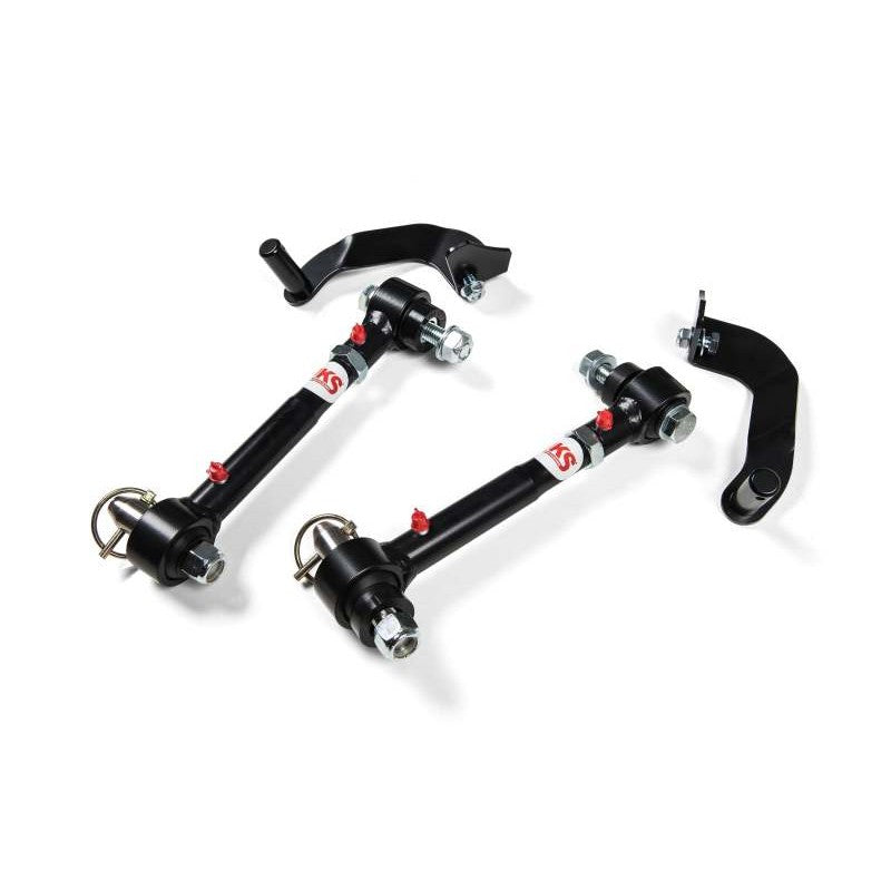 JKS Quicker Disconnect sway bar links with stainless mounting posts, grease fittings, and frame retention brackets.