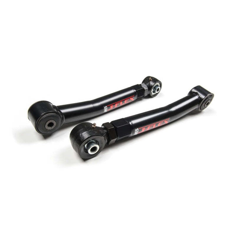 A pair of black powder-coated JKS J-Flex adjustable rear lower control arms with forged flex ends and rubber bushings.