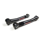 A pair of black powder-coated JKS J-Flex adjustable rear lower control arms with forged flex ends and rubber bushings.