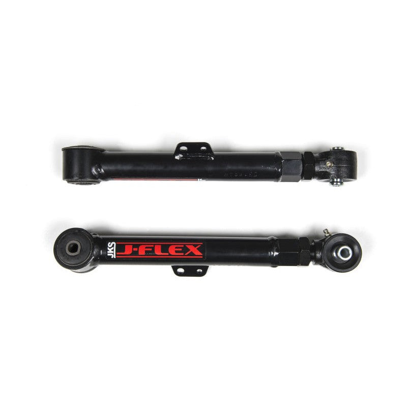 Black powder-coated JKS J-Flex adjustable rear upper control arms with forged flex ends and rubber bushings.