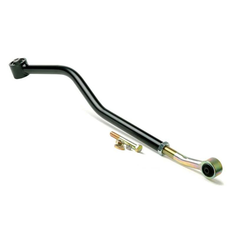 JKS Manufacturing front adjustable track bar for lifted 1984-2006 Jeep models with black finish and threaded adjustment.
