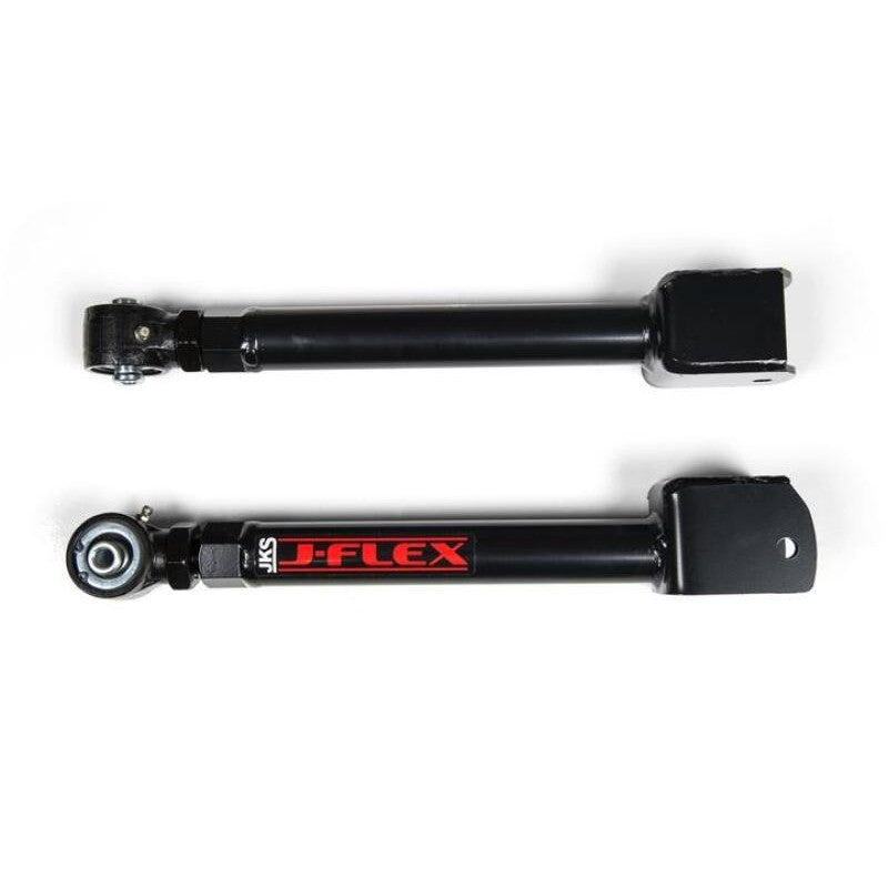Pair of black powder-coated JKS J-Flex adjustable front upper control arms for Jeep Wrangler and Cherokee.