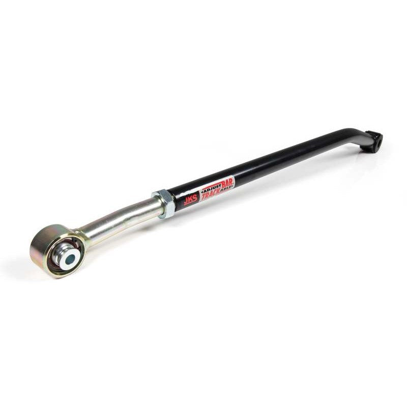 JKS Manufacturing heavy duty rear adjustable track bar for Jeep Wrangler TJ featuring black powder coat and zinc plating.