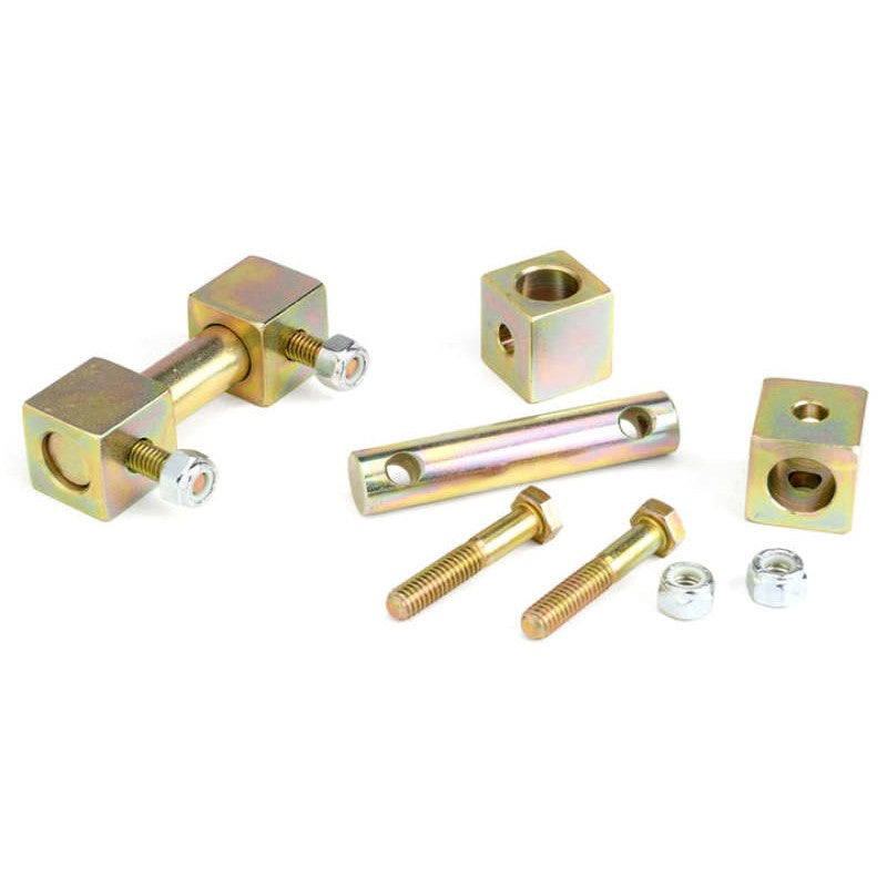 Zinc-plated steel front lower shock bar pin eliminator kit with mounting blocks and cross pins for 1984-2006 Jeep models