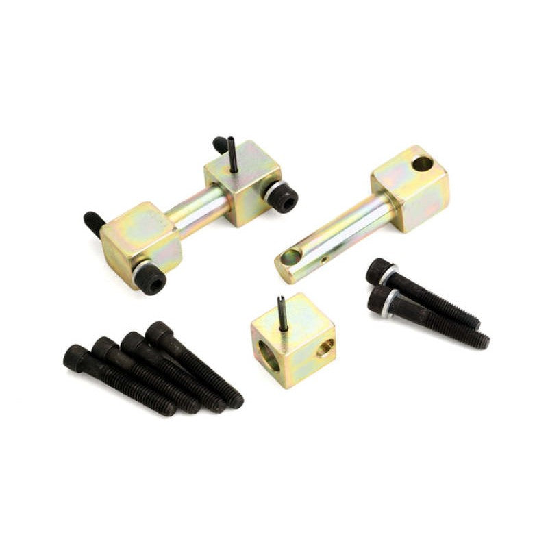 JKS Manufacturing zinc-plated steel rear upper shock bar pin eliminator kit with mounting blocks and hardware.
