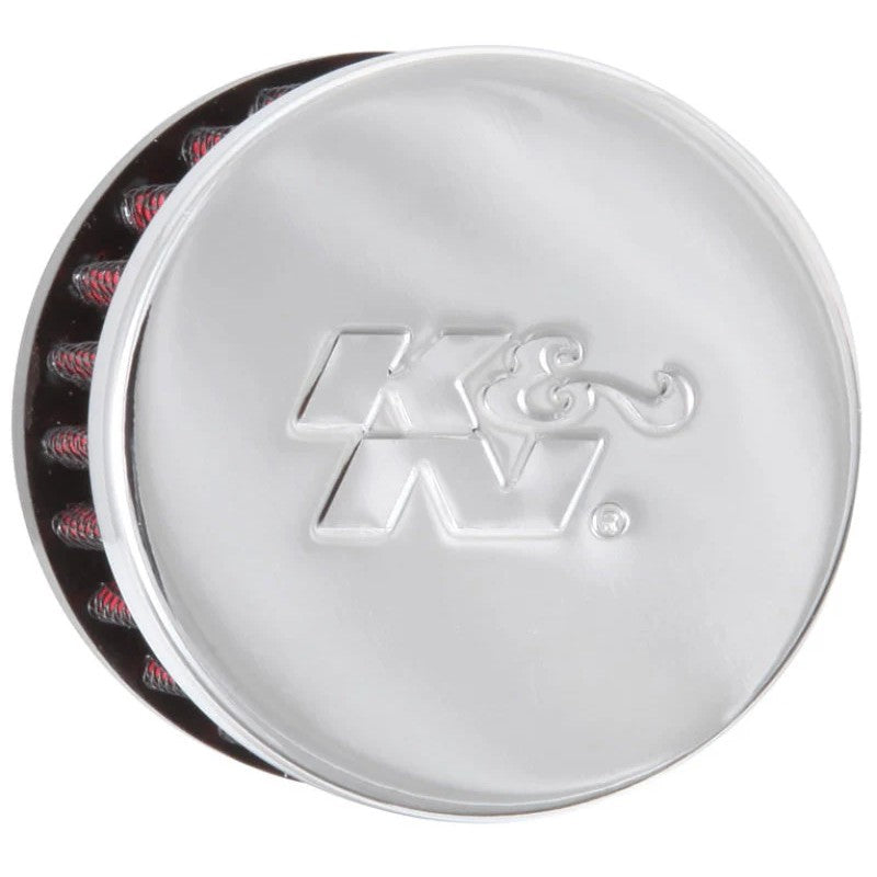 K&N 62-1340 crankcase vent filter with embossed chrome-plated steel top and 5/8 inch zinc inlet tube.