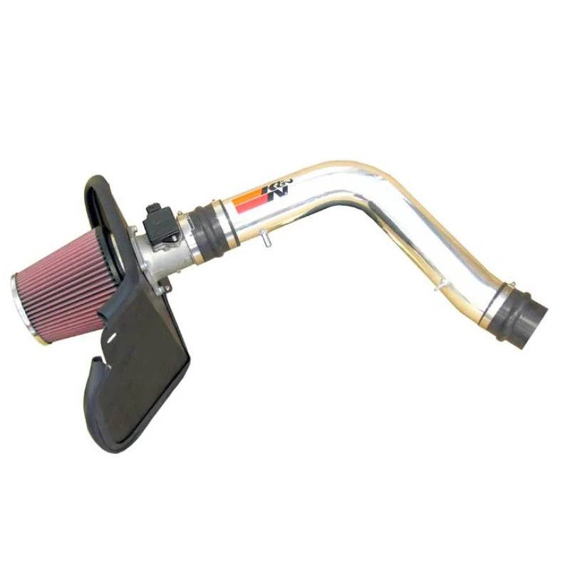 K&N 77-9016KP intake kit with polished aluminum tube, red oiled cotton filter, and black steel heat shield