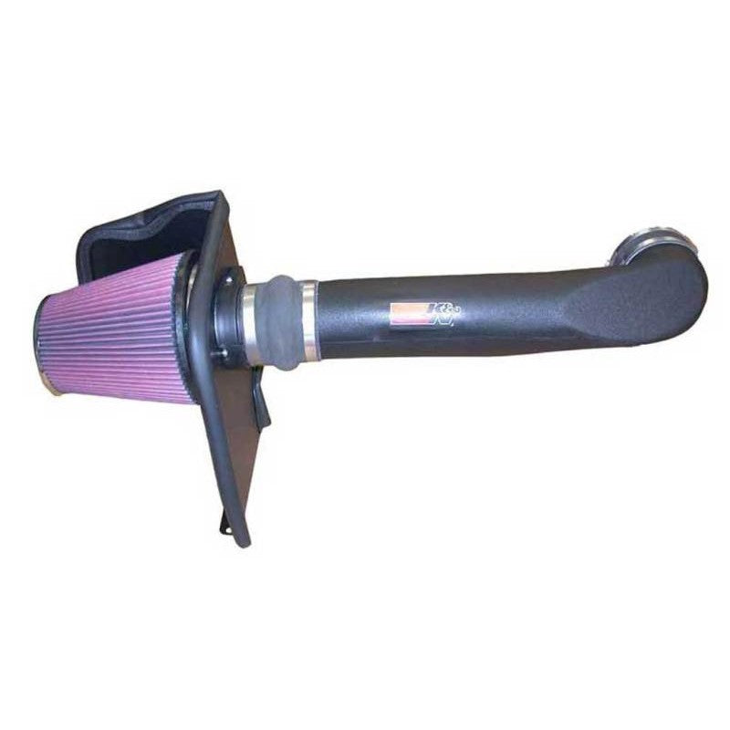 K&N performance intake system with black HDPE intake tube, oversized conical air filter, and custom metal heat shield