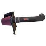 K&N 57-3032 intake system with black HDPE tube, red conical air filter, and custom black heat shield.