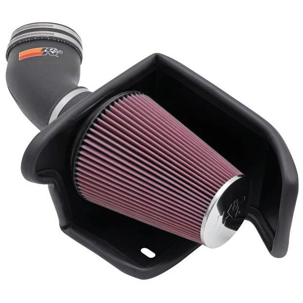 K&N 57-2549 intake kit featuring a black HDPE intake tube, conical red air filter, and custom metal heat shield.
