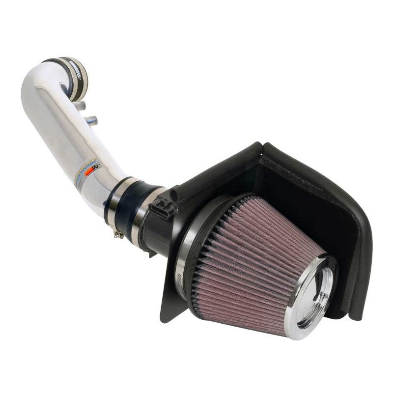 K&N Typhoon air intake system with polished aluminum tube and red conical air filter for 2002-2004 Ford Mustang GT.