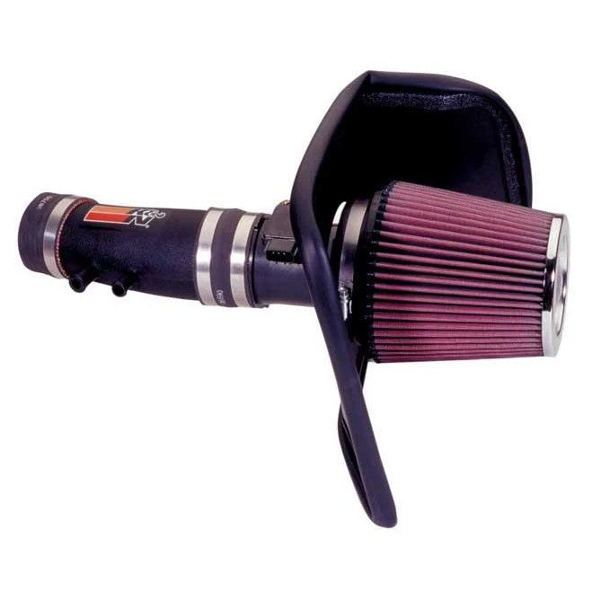K&N 57-6010 performance intake kit with black HDPE tube and red conical oiled cotton air filter