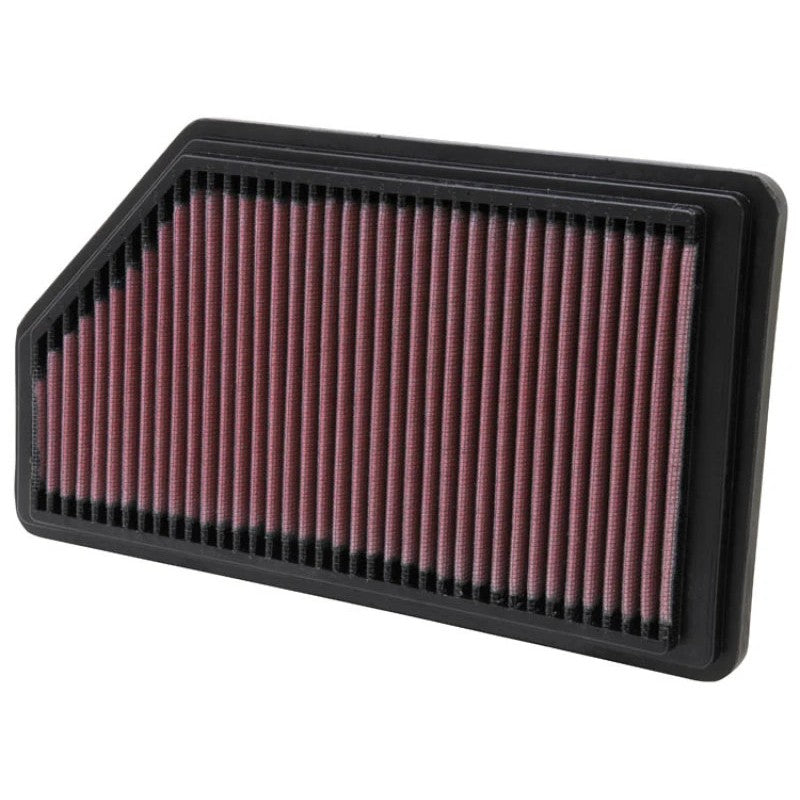 K&N 33-2200 washable drop-in air filter with red oiled cotton pleated media and black urethane frame.