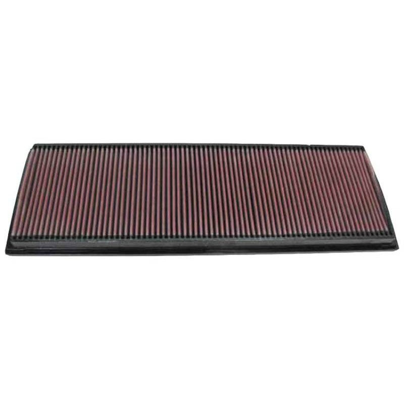 K&N 33-2189 high-flow drop-in air filter featuring red pleated cotton media and a black flexible frame.