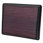 K&N 33-2129 rectangular high-flow drop-in replacement air filter with red oiled cotton media and black frame.