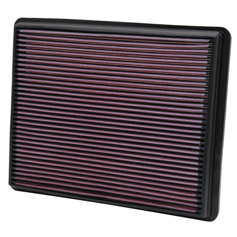 K&N 33-2129 rectangular high-flow drop-in replacement air filter with red oiled cotton media and black frame.