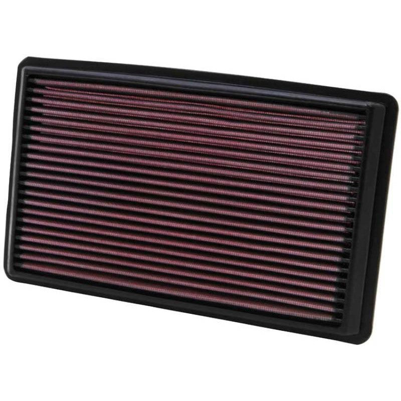 K&N 33-2232 rectangular drop-in high-flow air filter featuring red pleated oiled cotton media.