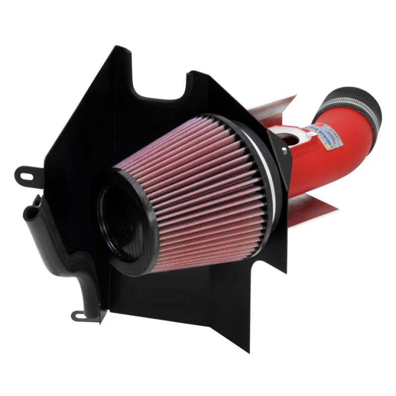 K&N 69-8001TWR Typhoon short ram intake with wrinkle red aluminum tube, conical air filter, and black heat shield.
