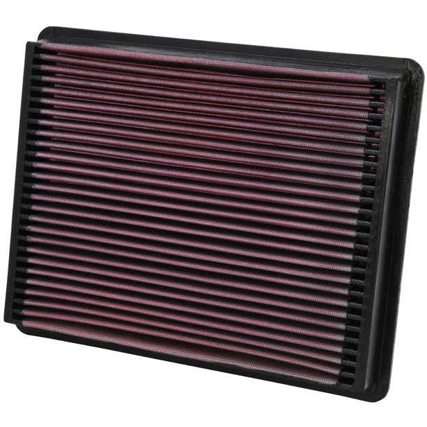 K&N 33-2135 drop-in high-flow air filter featuring red oiled cotton gauze media and a black rubber frame.