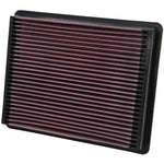 K&N 33-2135 drop-in high-flow air filter featuring red oiled cotton gauze media and a black rubber frame.