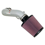 K&N 69-0015TS Typhoon silver powder-coated aluminum intake tube with black-topped cone air filter and hardware.