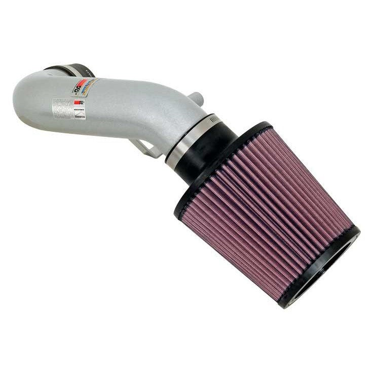 K&N 69-0015TS Typhoon silver powder-coated aluminum intake tube with black-topped cone air filter and hardware.