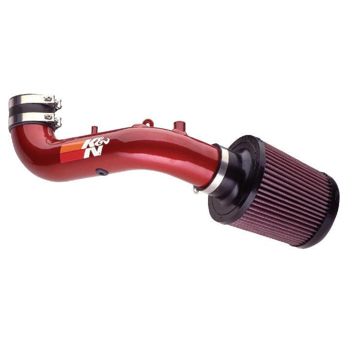 Red mandrel-bent aluminum K&N Typhoon short ram intake tube with a black-topped cone air filter