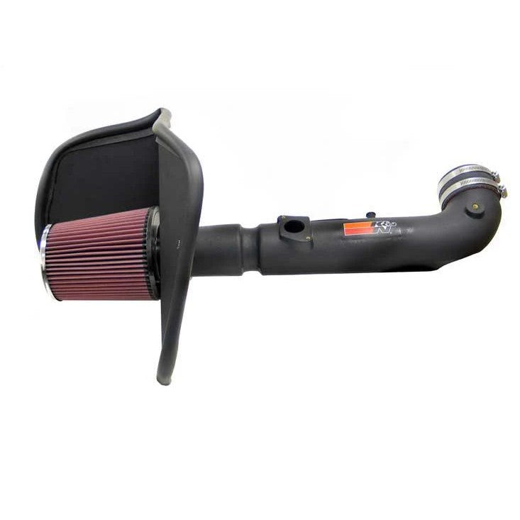 K&N performance air intake kit with black HDPE intake tube, oversized oiled cotton filter, and steel heat shield.