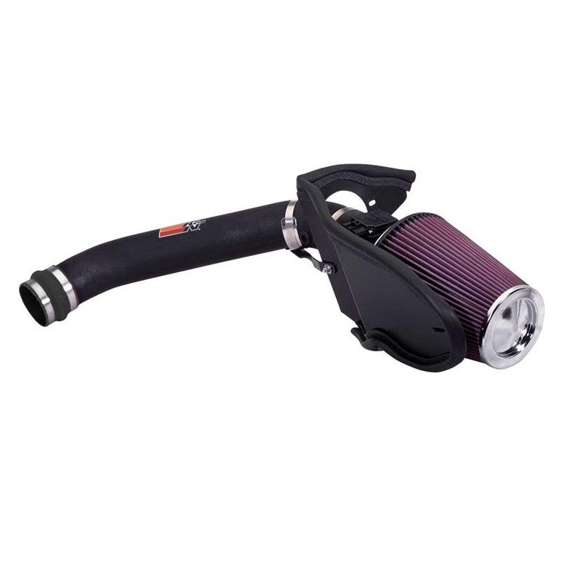 K&N 57-2553 performance intake kit with black HDPE tube, red conical oiled cotton filter, and mounting hardware.