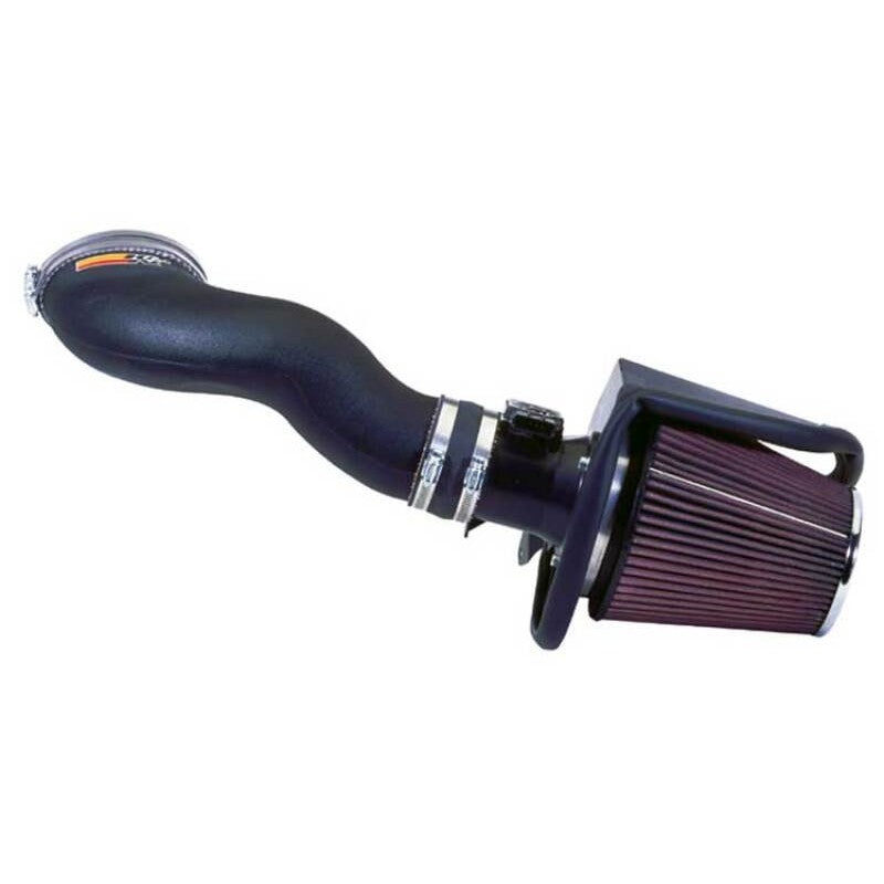 K&N 57-2555 performance intake system with black HDPE tube and red oiled cotton air filter for Mustang Mach 1.