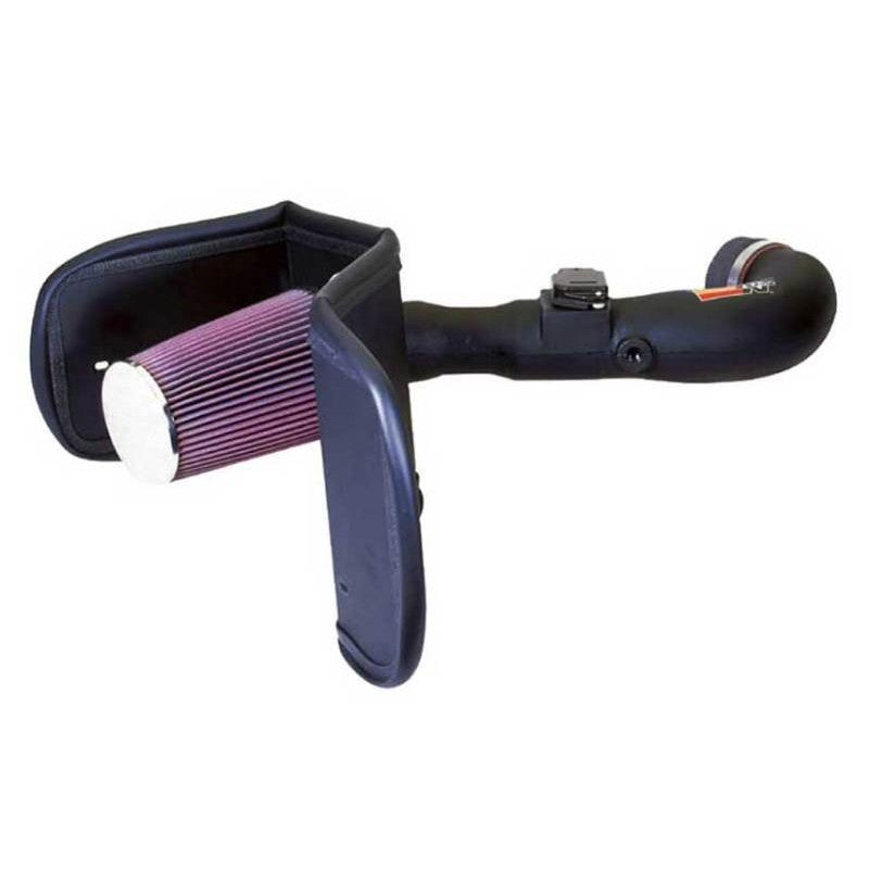 K&N AirCharger 63-9022 intake system featuring black HDPE tube, custom heat shield, and red conical air filter.
