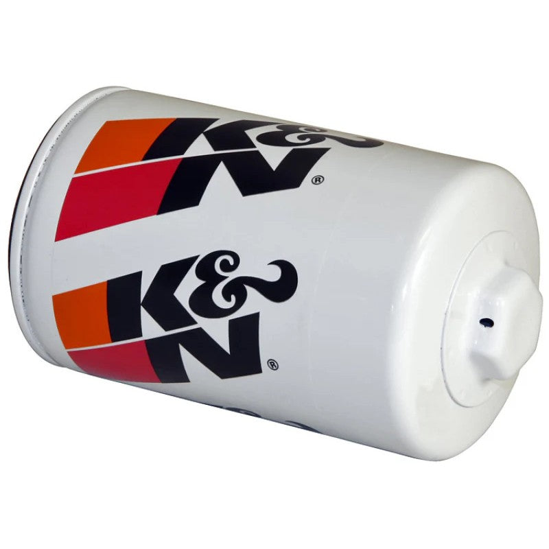 White K&N Performance Gold HP-2009 oil filter featuring a welded 1-inch hex nut on the canister base.