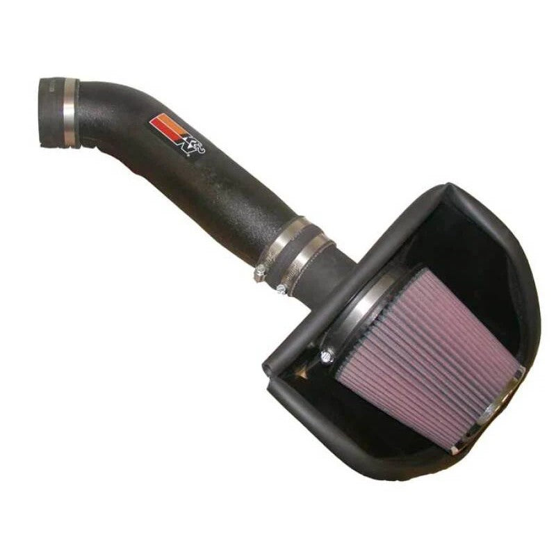 K&N performance intake system with black HDPE induction tube and red conical oiled cotton filter for Nissan 350Z.