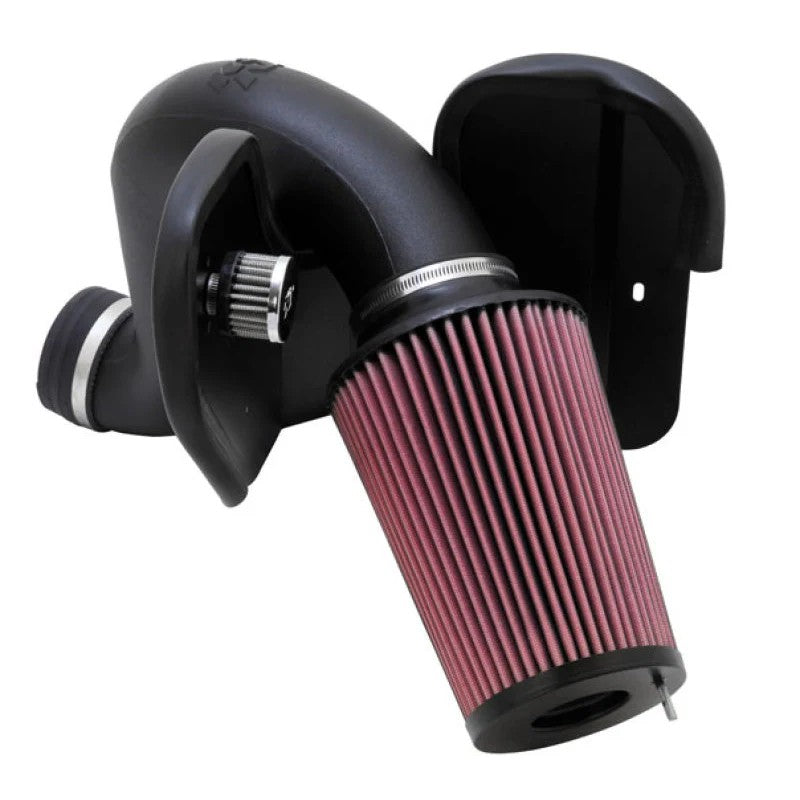 K&N 57-1532 performance air intake system with black HDPE tube, heat shield, and red oiled cotton air filter