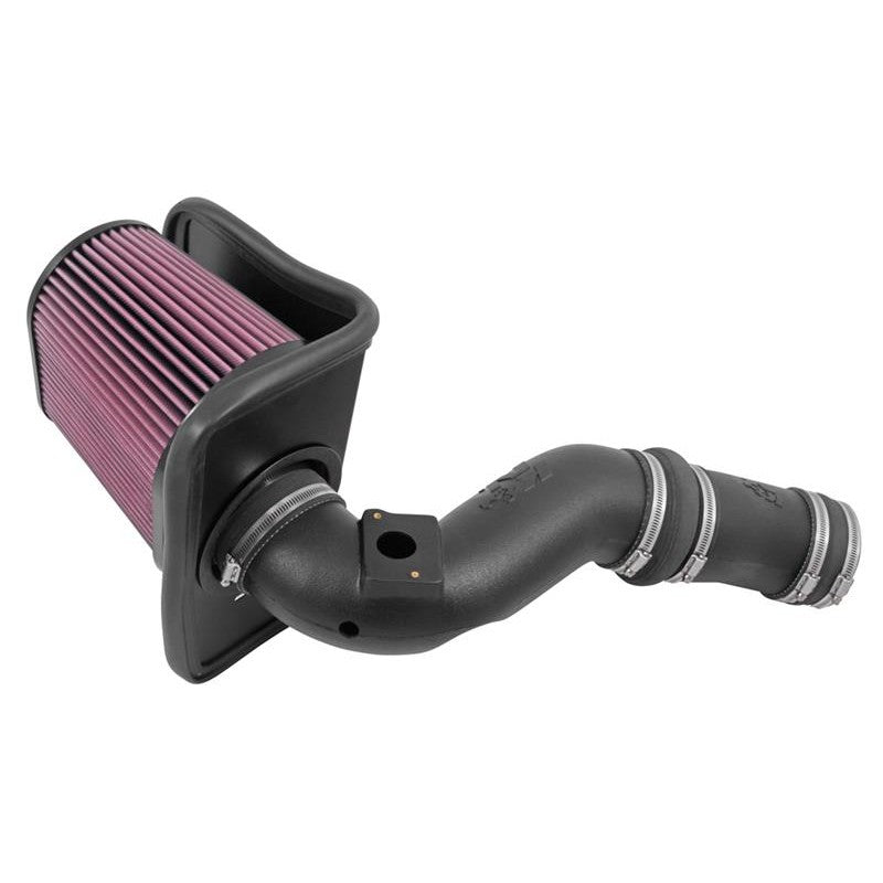 K&N 57-2546-1 air intake system featuring black HDPE tube, custom heat shield, and red oiled cotton conical air filter.
